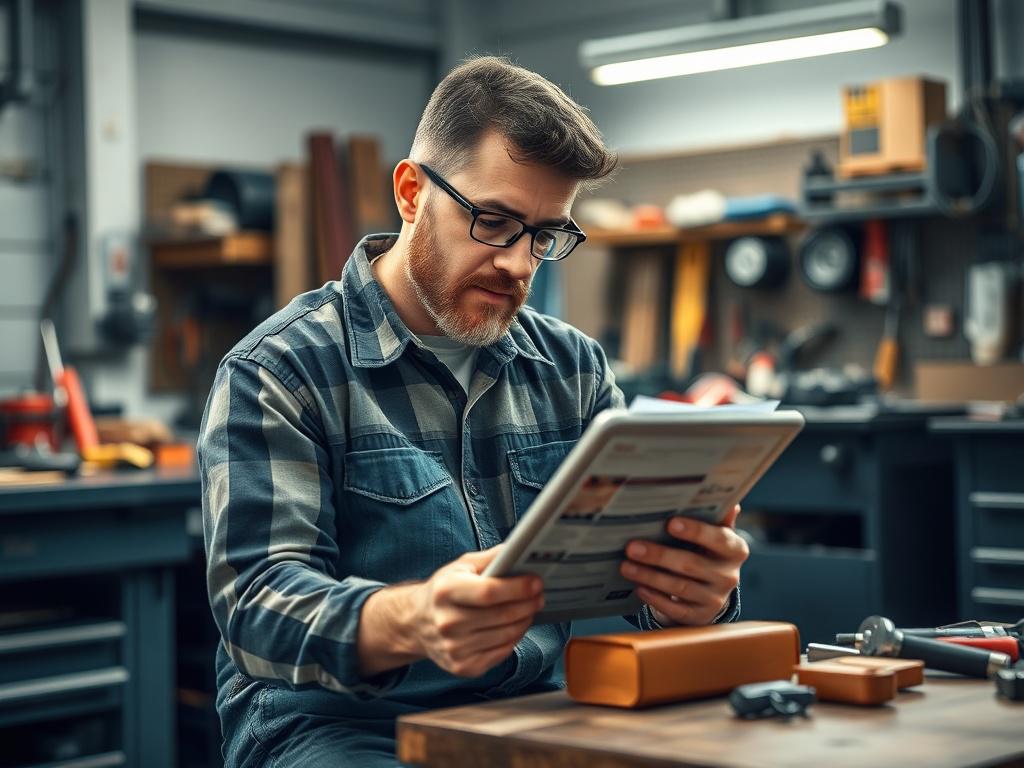 A blue-collar worker reviewing resumes on a tablet while sitting at a workbench surrounded by tools, in a cool-toned workshop environment featuring shades of rich blues and soft grays. The worker looks determined and ready to make adjustments, with a focused expression.