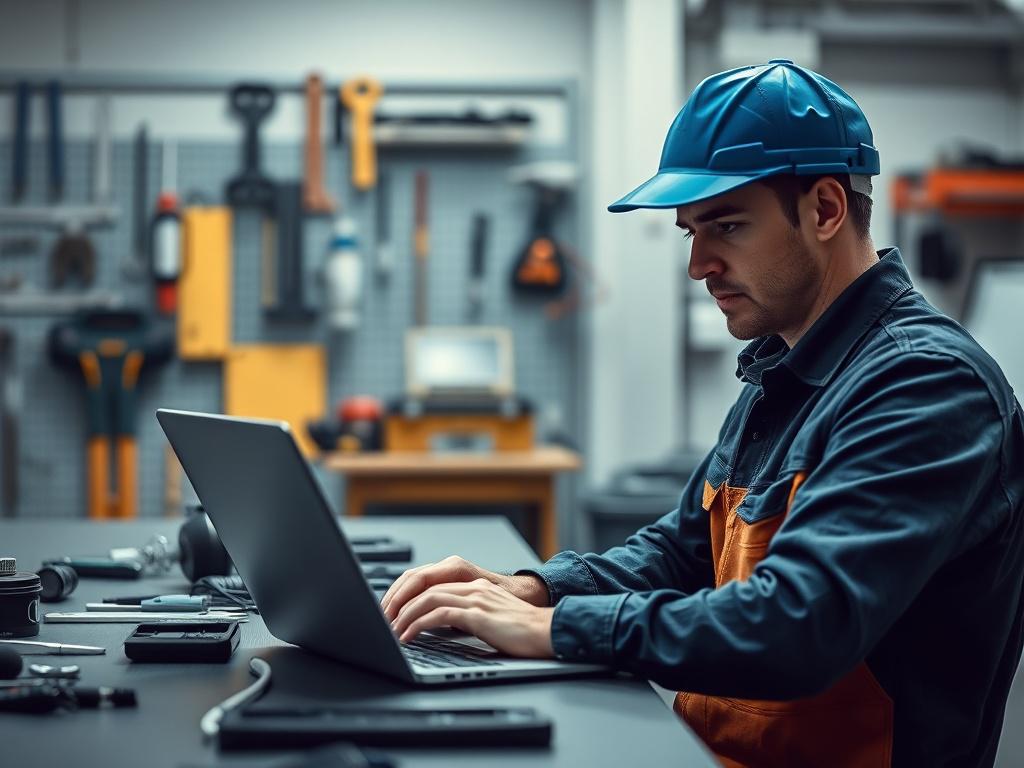 A close-up of a blue-collar worker using a laptop in a cool-toned office setting, with shades of rich blues and soft grays. The worker appears focused and engaged as they navigate a job matching platform. The background showcases a neat workspace with tools and equipment, emphasizing the blue-collar theme.