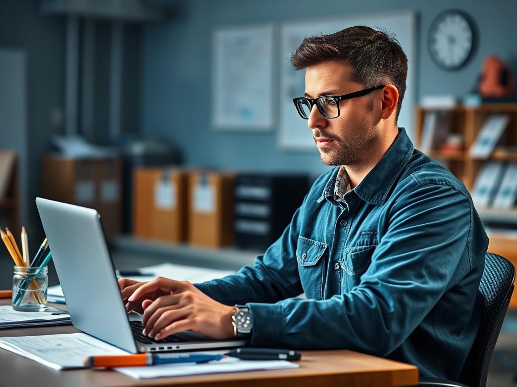 An engaged blue-collar worker attending an online training session on a laptop, set in a cool-toned learning environment with shades of rich blues and soft grays. The worker appears interested and motivated, surrounded by study materials and tools.