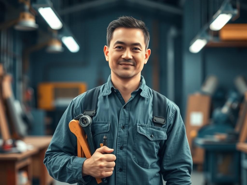 **Prompt for AI Image Generation:**

Generate a realistic high-resolution photo that captures the essence of navigating the blue-collar job market. The image should feature a single subject, a blue-collar worker in their mid-30s with an approachable and confident expression, standing in a well-lit workspace. They should be wearing a practical work shirt and safety gear, holding a set of tools in one hand, symbolizing their trade.

In the background, create a cool-toned environment that incorporates shades o
