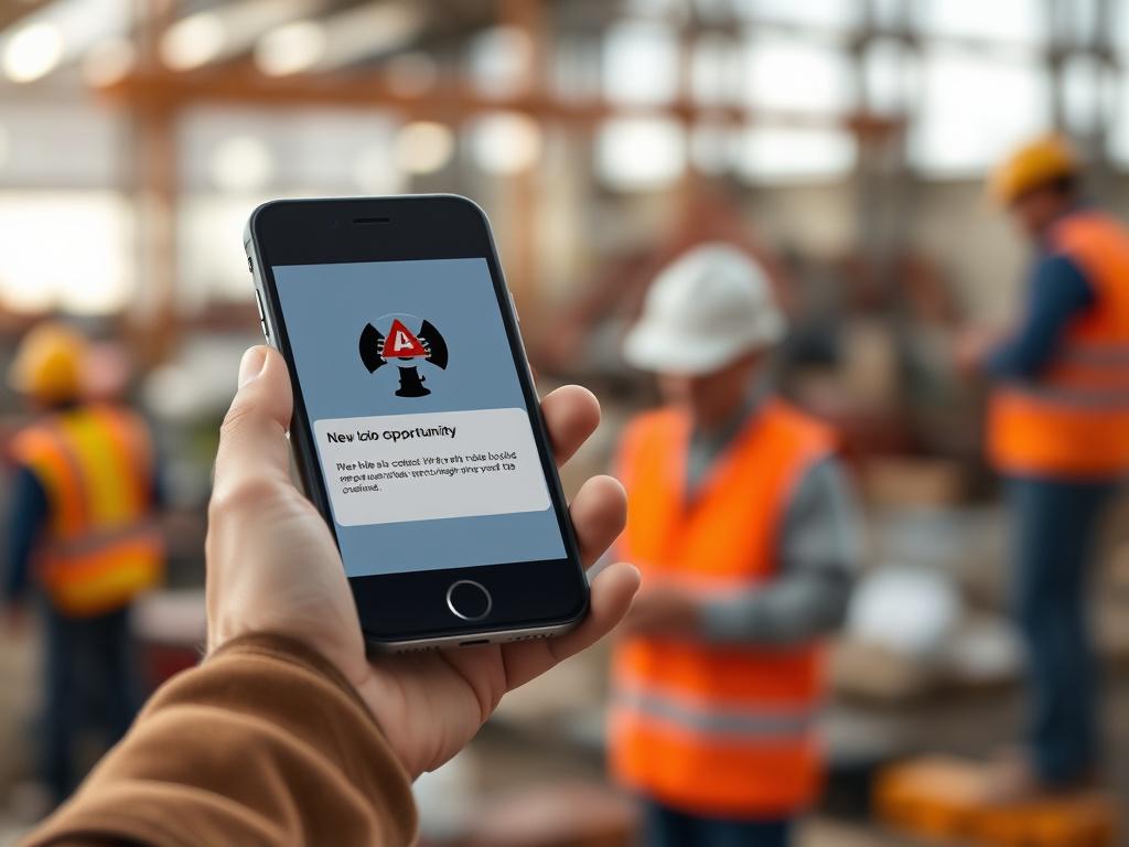 A close-up shot of a smartphone displaying an alert notification for a new job opportunity in a blue-collar field. The background should be a blurred, bustling job site, emphasizing the excitement of new opportunities. The color scheme should complement the #C31755 primary color.