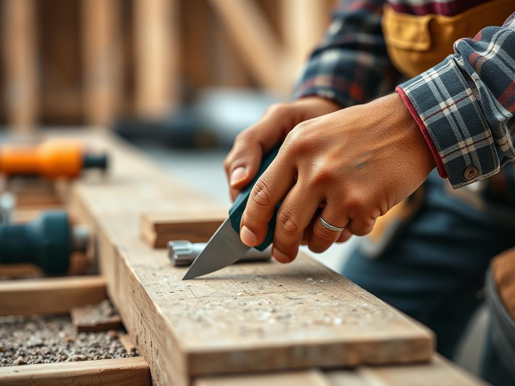 A close-up shot of a skilled tradesperson's hands working on a construction project, showcasing tools and materials in use. The background should be softly blurred to emphasize the hands and tools, with natural lighting to highlight the textures of the materials. The color scheme should harmonize with the #C31755 primary color.
