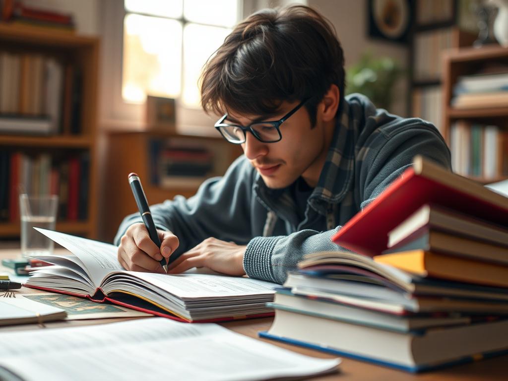 A close-up shot of a person studying for a certification exam, surrounded by books and study materials. The setting should have a warm and focused atmosphere, with natural light illuminating the scene. The color palette should align with the #C31755 primary color.