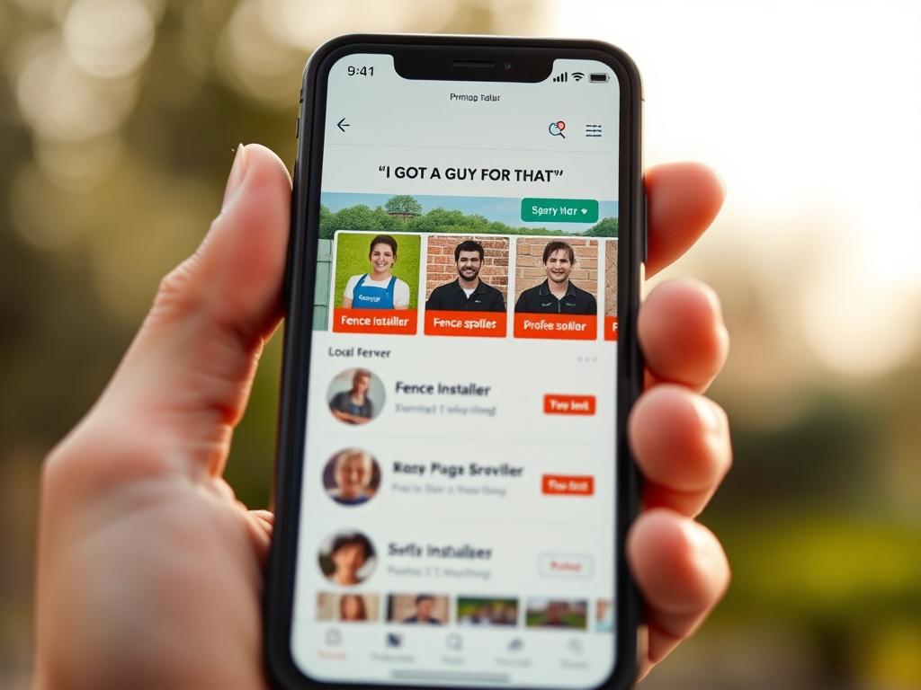 A close-up shot of a smartphone screen displaying the 'I Got a Guy for That' app interface. The interface shows a list of local service providers, including a fence installer, with professional photos and brief bios. The background is softly blurred, emphasizing the phone while showcasing an outdoor setting to evoke the landscaping theme. The color scheme features the primary color #C31755 prominently in the app design.
