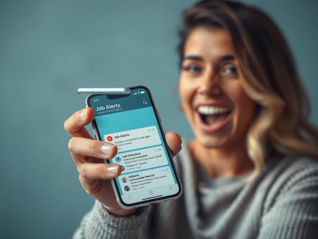 A realistic high-resolution image of a smartphone displaying job alerts notifications. The subject is holding the phone with an expression of excitement, set against a cool-toned background featuring shades of rich blues and soft grays.
