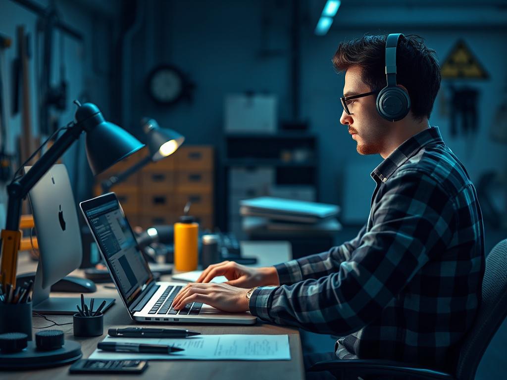 A realistic high-resolution image of a person using a laptop in a modern workspace, analyzing job opportunities. The subject is focused on the screen, surrounded by tools of trade, with a cool-toned environment featuring shades of rich blues and soft grays.