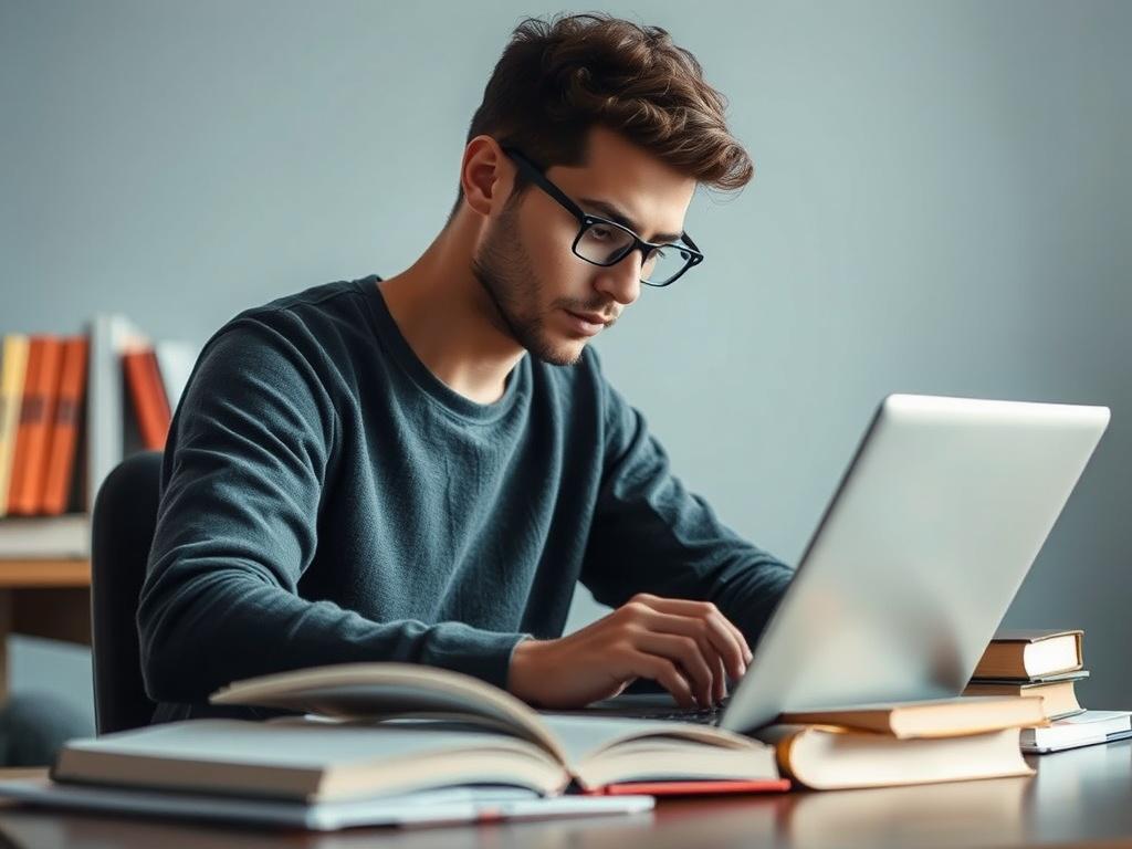 A realistic high-resolution image of a person studying with books and a laptop, focused on learning. The background should be cool-toned, featuring shades of rich blues and soft grays, creating a serene study environment.