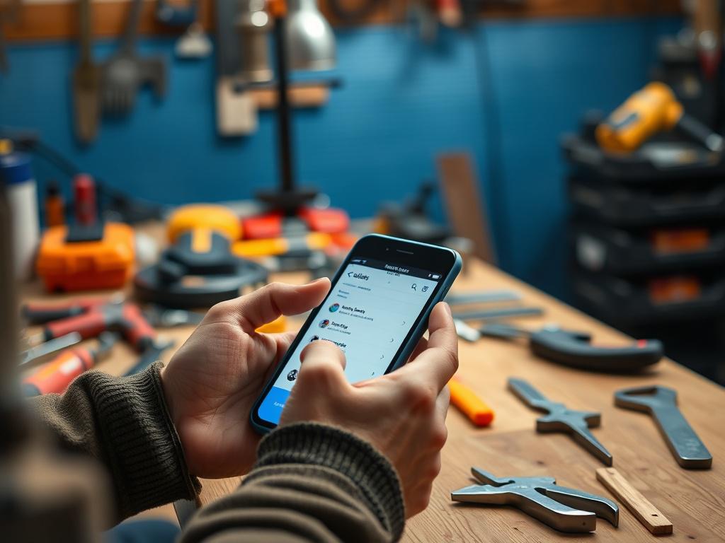A hyper-realistic close-up photograph of a person checking their phone for job alerts while sitting at a workbench surrounded by tools. The focus is on the phone screen and the person's hands, capturing the moment of anticipation and connection to job opportunities. The background is softly blurred, emphasizing the subject and creating a warm, engaging atmosphere with colors that align with #C31755.