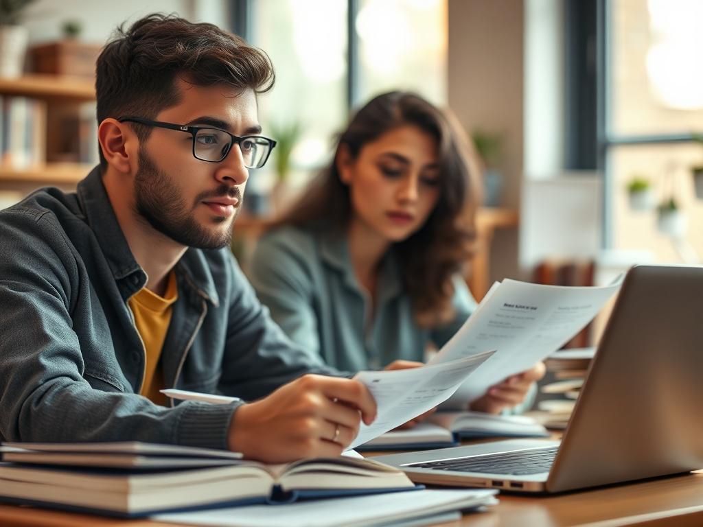 A hyper-realistic close-up photograph of a person studying for a certification exam, surrounded by books and a laptop. The focus is on their engaged expression and the materials they're using, showcasing dedication and commitment to professional growth. The background is softly blurred to highlight the subject, with warm lighting that creates an inviting atmosphere, resonating with the primary color #C31755.