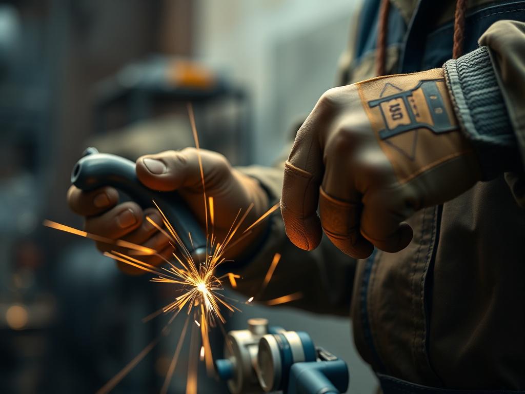 A hyper-realistic close-up photograph of a skilled tradesperson, such as a welder or electrician, focused on their hands working with tools. The background is slightly blurred to emphasize the subject, showcasing the detail of their hands and tools in action. The lighting is warm and inviting, capturing the hard work and dedication of blue-collar jobs, with a color palette that complements the primary color #C31755.