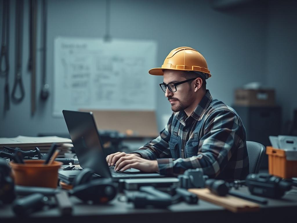 A high-resolution image of a blue-collar worker engaged in an online training session, surrounded by tools and materials in a cool-toned environment, highlighting their concentration and determination to learn.