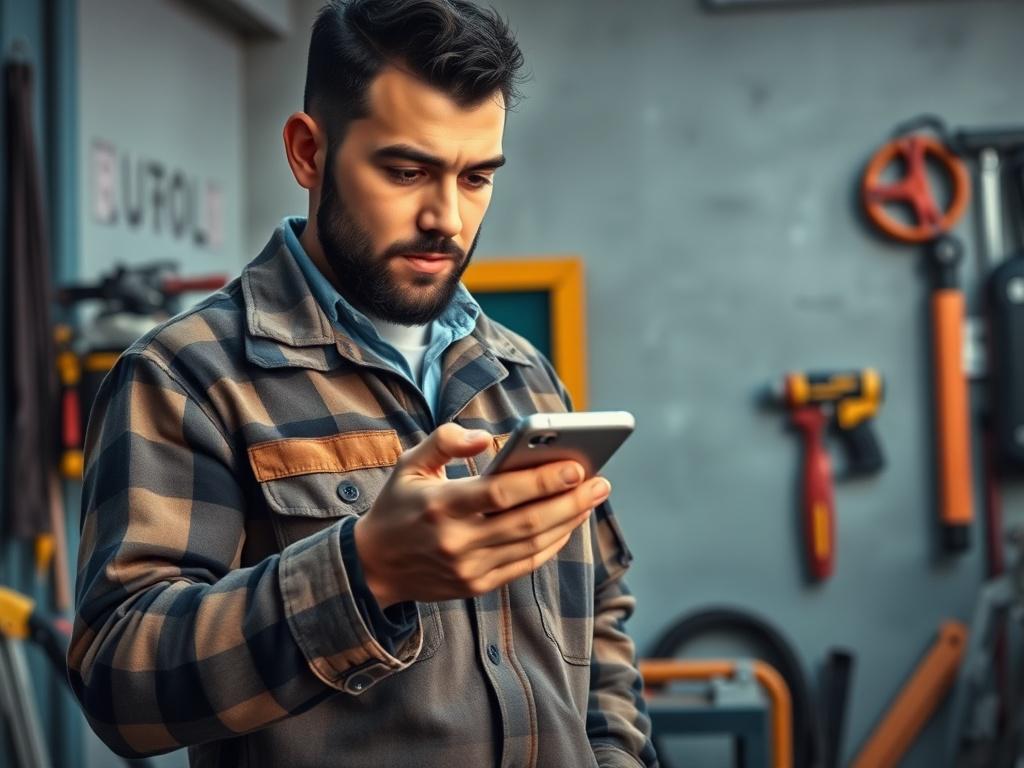A high-resolution image of a blue-collar worker receiving job alerts on a smartphone in a cool-toned environment, emphasizing their focused expression as they interact with the device, surrounded by tools of their trade.