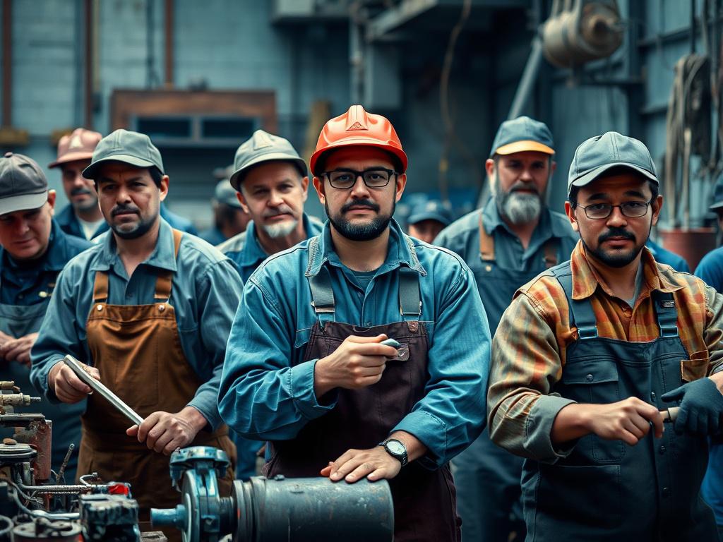 A high-resolution image of a diverse group of blue-collar workers engaged in various hands-on jobs, showcasing their skills in a cool-toned environment, with shades of rich blues and soft grays, focusing on their determined expressions as they work.