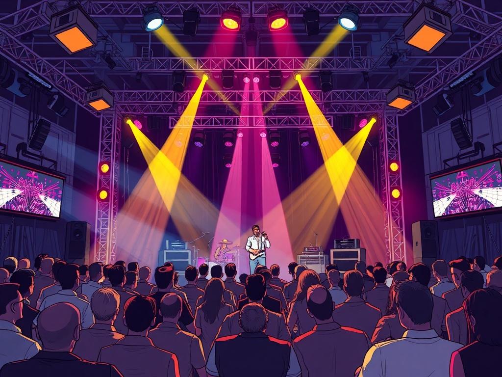 A professional live event production scene showcasing a vibrant stage setup with bright lights, audio equipment, and a captivated audience. The focus should be on the stage with performers engaging the crowd. The background should depict a dynamic atmosphere with colorful lighting effects and a sense of excitement, rendered in crisp, solid black line drawing style.