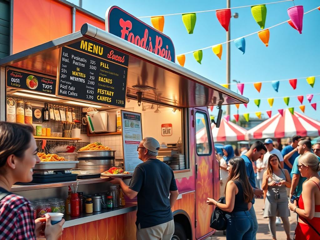 A close up shot of a vibrant food truck parked
