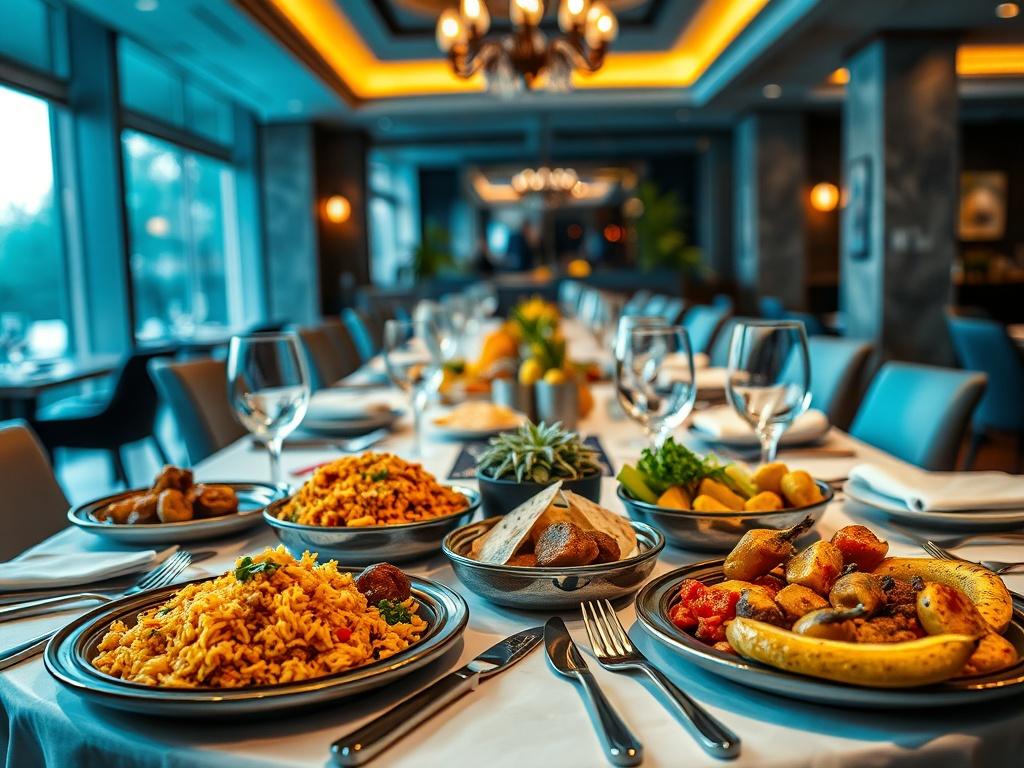 A beautifully arranged table setting in an upscale African food restaurant. The table is adorned with elegant cutlery and colorful traditional African dishes, showcasing a variety of vibrant foods like jollof rice, grilled meats, and plantains. The background features a softly lit ambiance with rich blue and gray tones, enhancing the fine dining atmosphere. The setting reflects sophistication and cultural richness, appealing to food enthusiasts looking for an exquisite dining experience.