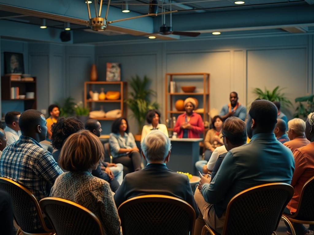 A realistic high-resolution photo depicting a vibrant gathering of African Americans seated in a semi-circle, engaged in a lively discussion about food. In the foreground, a diverse panel of speakers stands, sharing their insights and experiences. The background is filled with warm, inviting decor, hinting at a communal atmosphere. Soft lighting enhances the sense of connection among the participants, while rich blues and soft grays provide a calming backdrop to this engaging event.