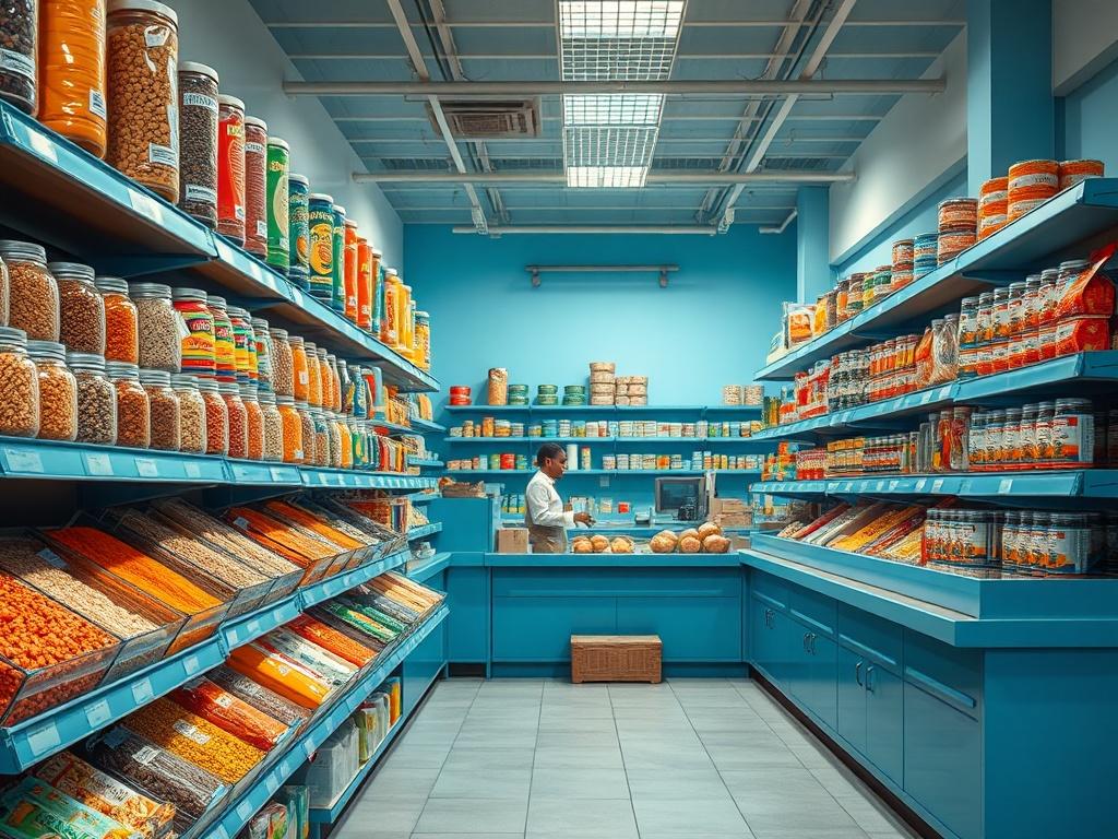 A vibrant and inviting grocery store interior showcasing a variety of African food products. The image features neatly organized shelves stocked with colorful grains, spices, and canned goods. A warm and welcoming atmosphere is created with soft lighting and a clean layout. The background includes a friendly cashier at the checkout counter, serving customers. The overall composition highlights the diversity of African cuisine, with rich blues and soft grays in the decor, enhancing the shopping experience.