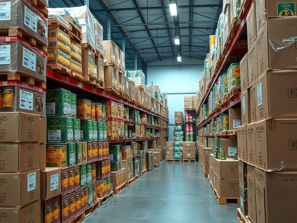 A realistic high-resolution photo of a food wholesaler's warehouse, showcasing neatly organized boxes of various African food products. The scene should convey a sense of abundance and variety, with visible labels on some boxes indicating different food items like spices, grains, and canned goods. The warehouse should have a cool-toned environment featuring shades of rich blues and soft grays, with well-lit aisles and a clean, organized appearance.