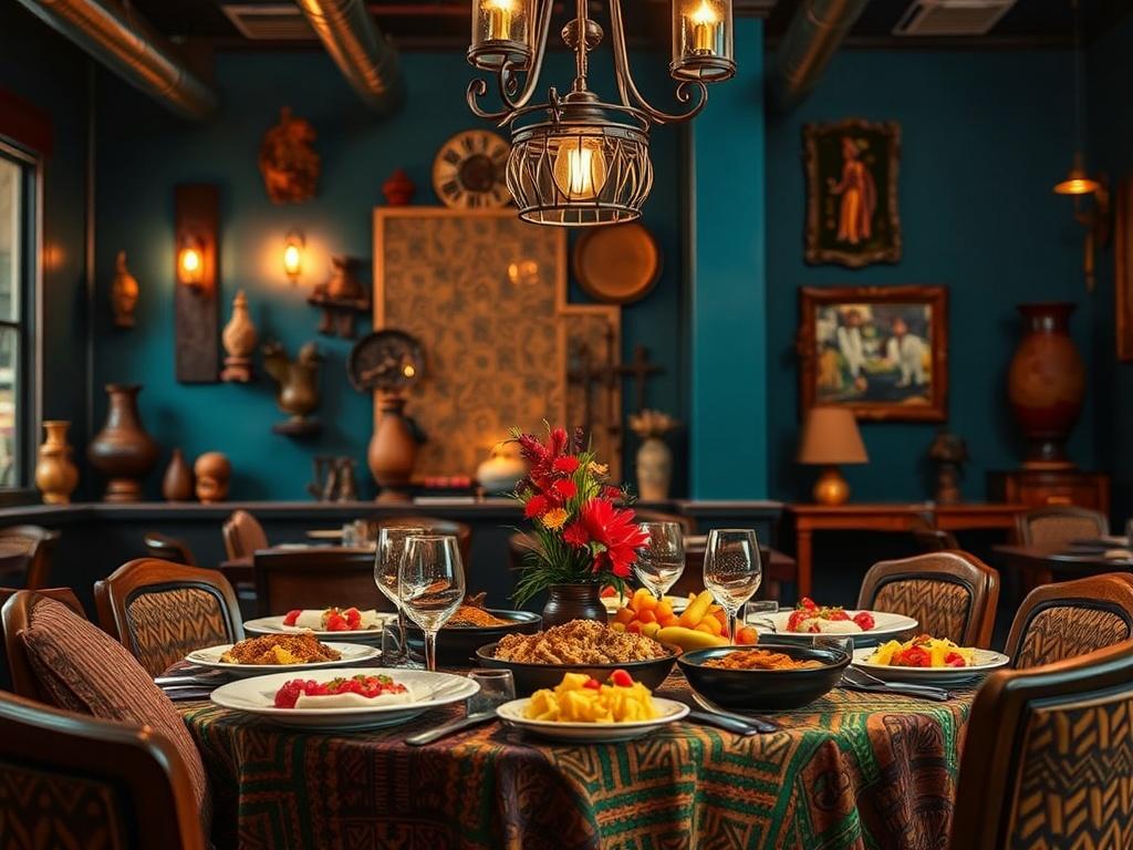 A realistic high-resolution photo of a vibrant African restaurant located in Adams Morgan, DC. The image should feature a beautifully set dining table with traditional African cuisine, displaying colorful dishes and vibrant decorations. The background should include warm lighting and cultural artifacts that reflect African heritage, creating an inviting and lively atmosphere. The composition should focus on the dining area, emphasizing the rich colors and textures of the food and decor.