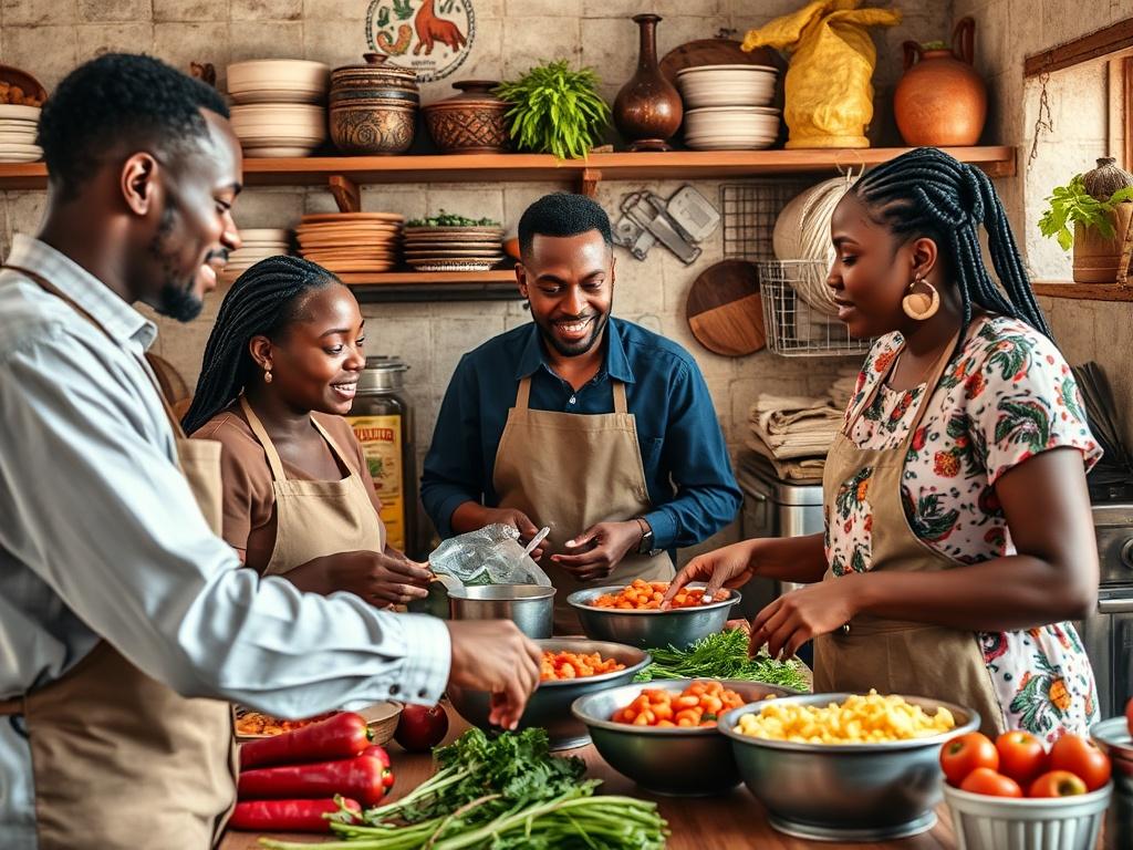 A dynamic scene of food entrepreneurs collaborating in a vibrant kitchen, preparing traditional African dishes together while discussing ideas. The kitchen should have colorful ingredients and a lively atmosphere that reflects teamwork.