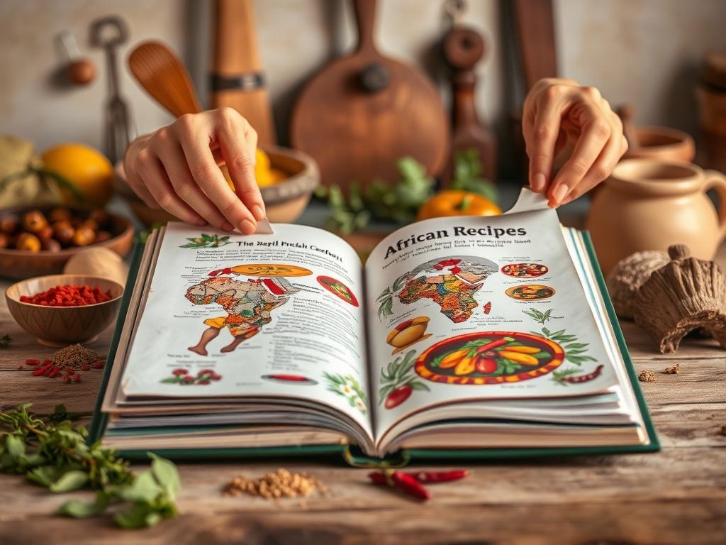 A close-up of hands flipping through a beautifully illustrated cookbook featuring African recipes, with colorful ingredients like spices and vegetables arranged artistically around the book, set against a rustic kitchen backdrop.
