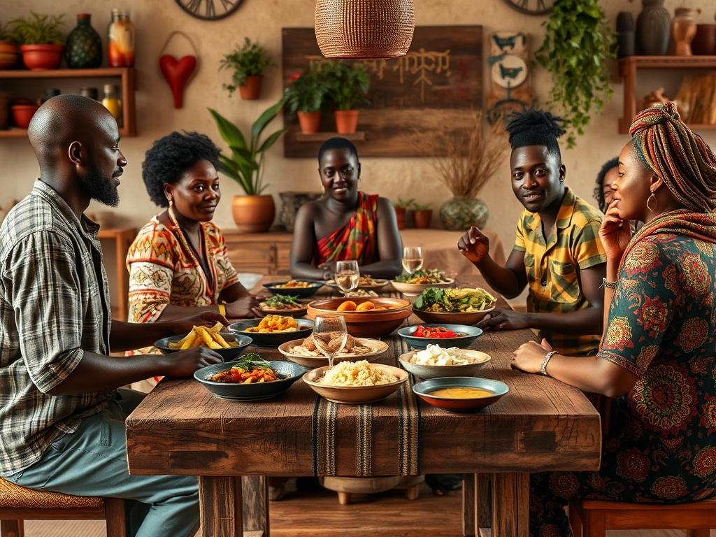 A warm, inviting gathering of diverse African food entrepreneurs sharing ideas over a rustic wooden table filled with traditional dishes, surrounded by vibrant decor that reflects African culture. The background should showcase a cozy, community-focused environment.
