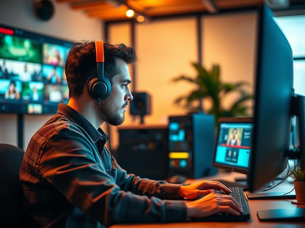 A close up shot of a focused video editor working