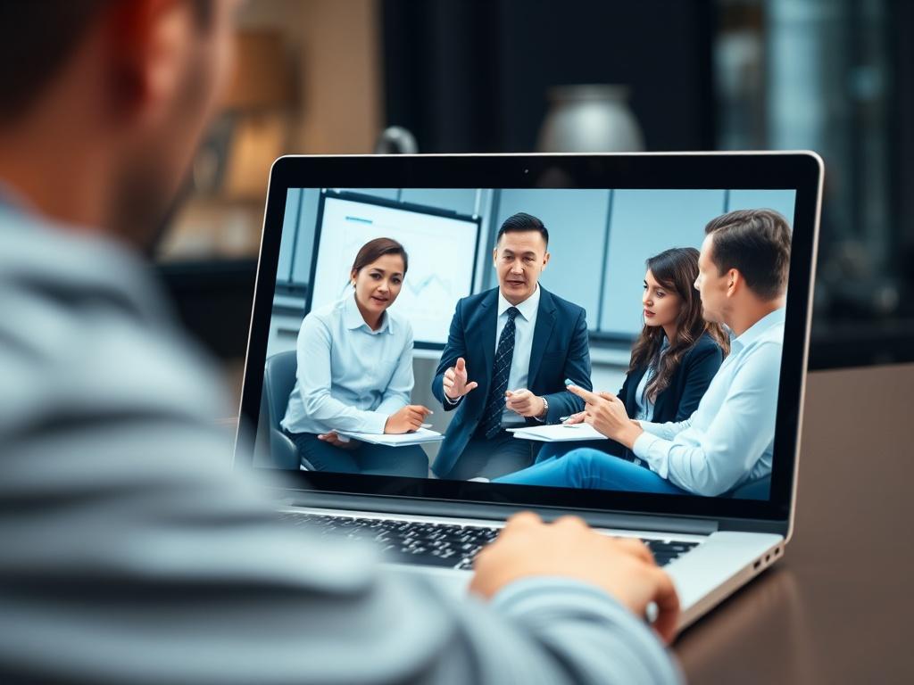 A close up shot of a corporate training video on
