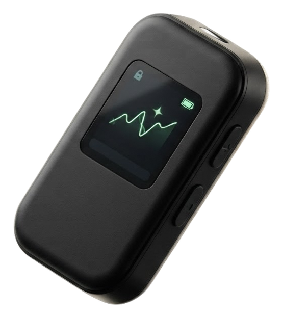 A premium dark hardware wallet device floating in a softly lit studio