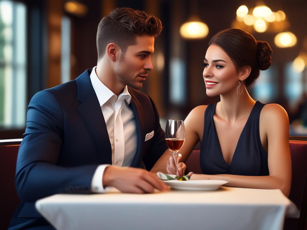 A sophisticated escort sitting at an elegantly set table in