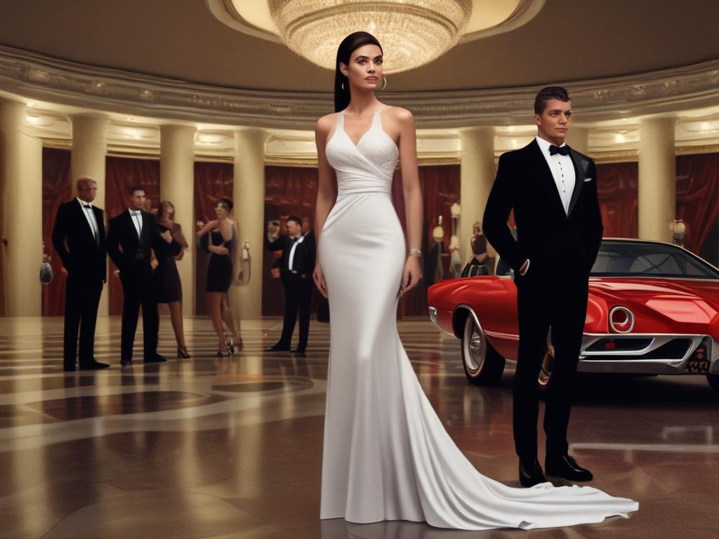 A glamorous escort standing beside a distinguished guest at a
