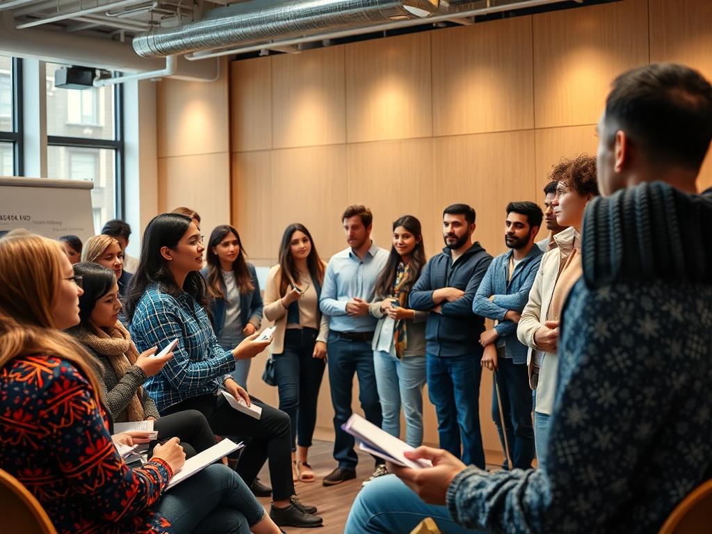 A dynamic workshop environment featuring a diverse group of participants engaged in a lively discussion. The facilitator stands at the front, animatedly explaining concepts with visual aids. The setting is well-lit, with a modern design that encourages participation and collaboration. Participants are taking notes and interacting, reflecting a vibrant learning atmosphere. The image should focus on the energy of the group while maintaining a hyper-realistic style, highlighting the importance of diplomacy edu