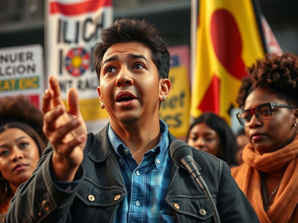 A close-up shot of a passionate advocate speaking at a community event, surrounded by supportive individuals. The advocate gestures with conviction, emphasizing their commitment to justice. The background features banners and flags representing various causes, creating an atmosphere of unity and purpose. The lighting highlights the advocate's expression, capturing the emotion of the moment. The image should be hyper-realistic, focusing on the details of the advocate's attire and the supportive crowd, with a