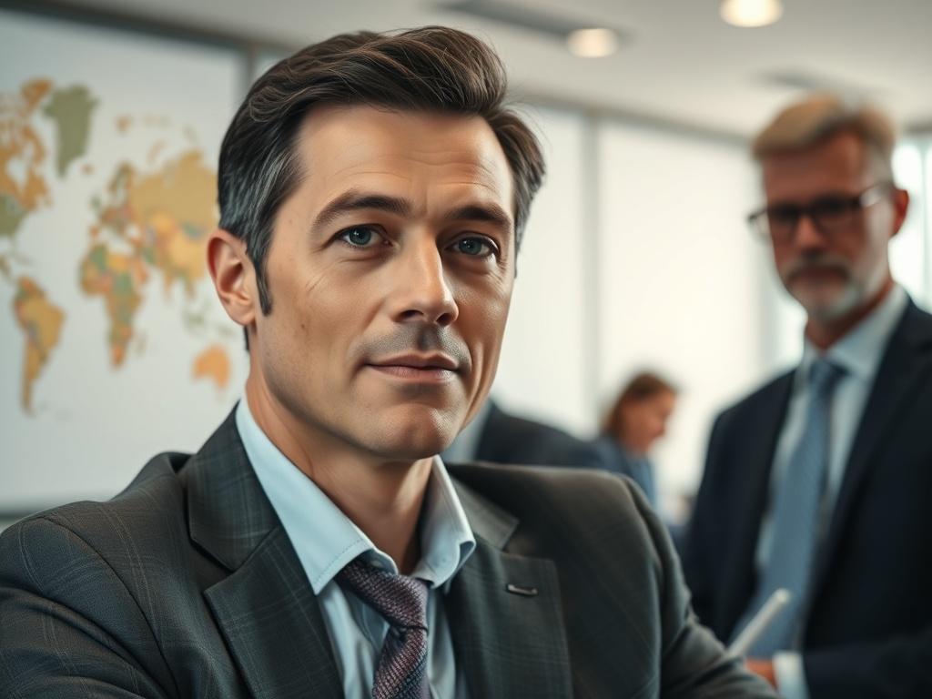 A close-up shot of a confident diplomat engaged in a discussion, showcasing professionalism and collaboration. The background features a blurred conference room with a subtle hint of global maps on the walls. The lighting is soft yet focused on the subject, capturing the essence of diplomacy. The diplomat wears formal attire and exudes an approachable demeanor, symbolizing trust and leadership in international relations. The image should reflect a hyper-realistic style, with attention to detail and a color 