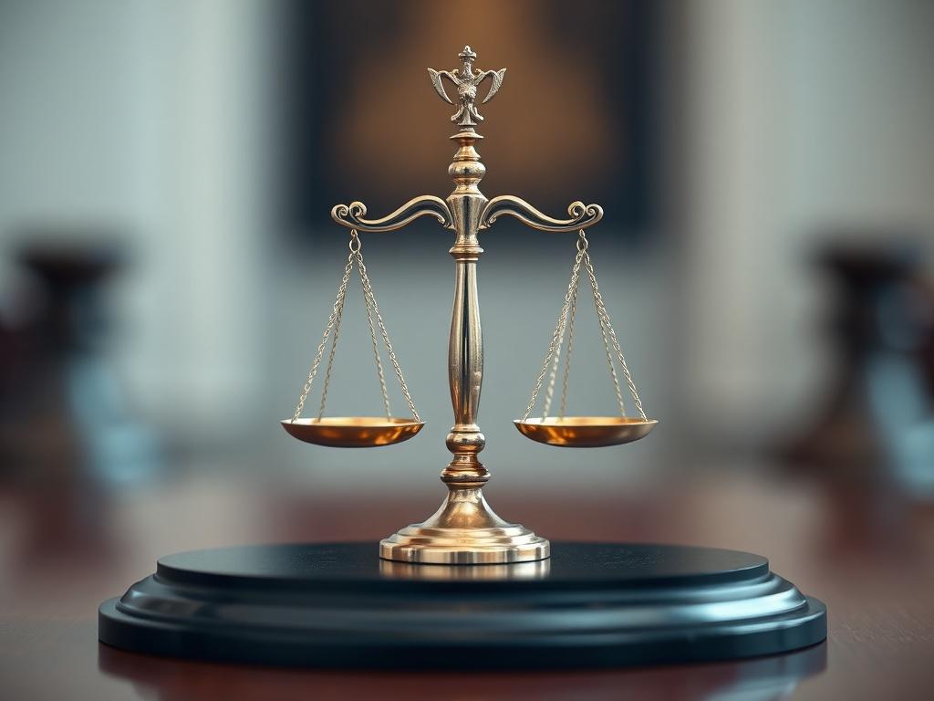 A close-up shot of a distinguished award plaque symbolizing justice, with a balanced scale motif. The background should be elegantly blurred, suggesting a sense of achievement and integrity, captured in hyper-realistic detail with a 45mm f/1.2 lens style, predominantly featuring rgb(4, 104, 120) in the color scheme.