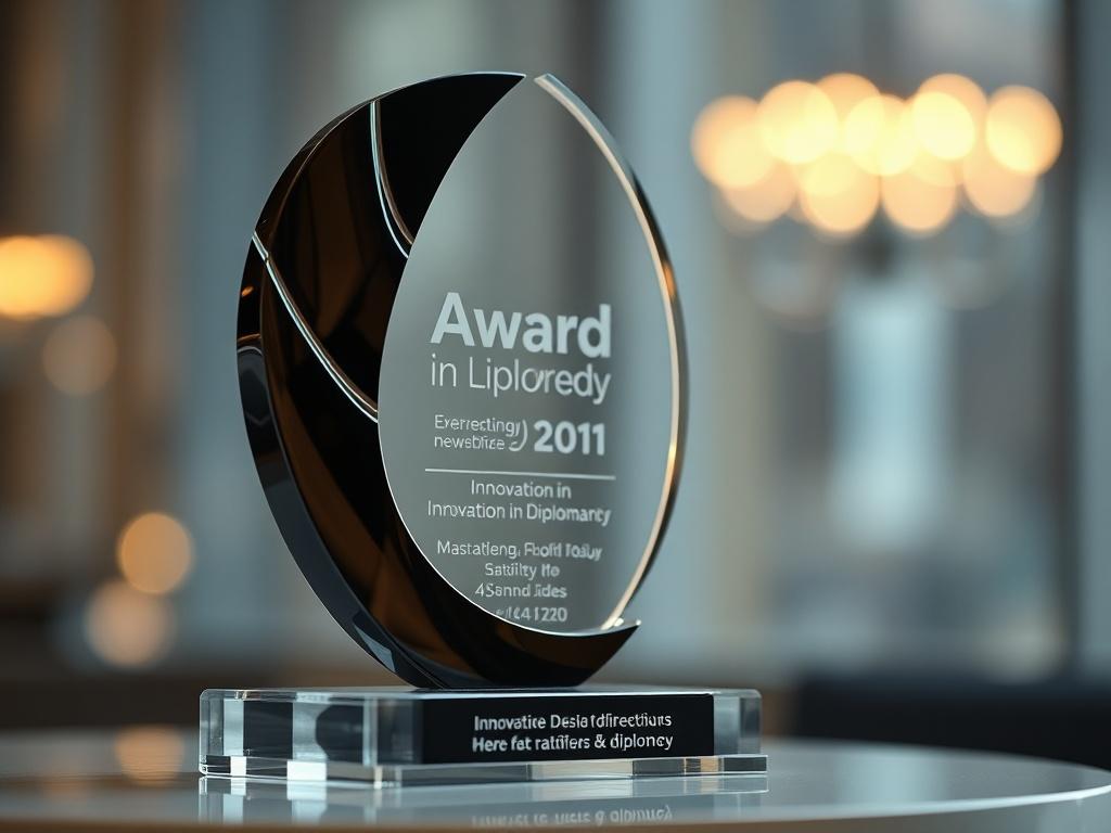 A close-up of a unique award sculpture representing innovation in diplomacy, featuring modern design elements. The background should be softly blurred to enhance the focus on the award, captured with a 45mm f/1.2 lens style, incorporating rgb(4, 104, 120) as a key color.