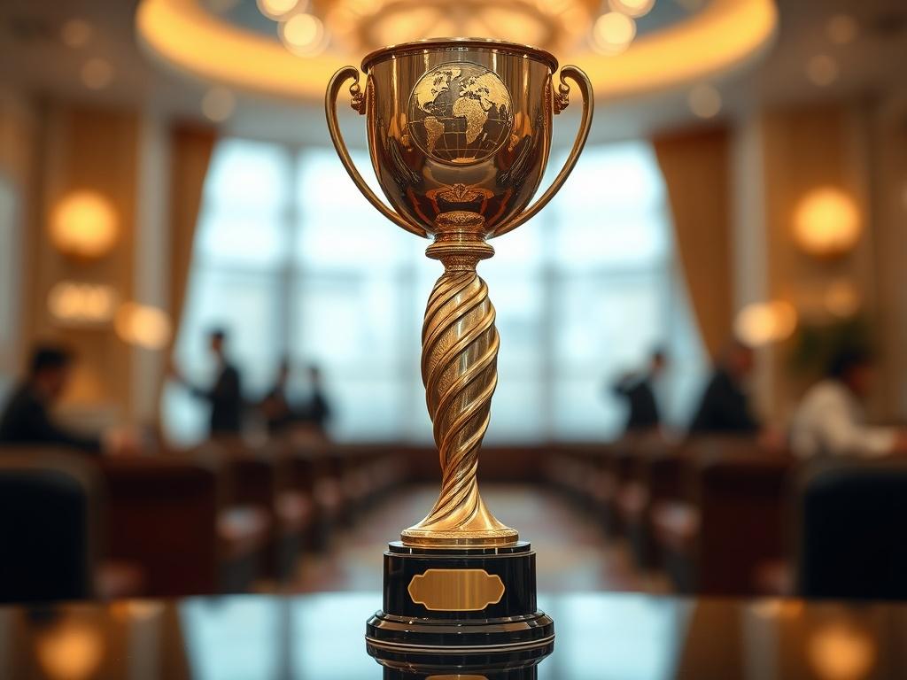 A close-up shot of a beautifully designed award trophy, symbolizing diplomacy, set against a soft-focus background that suggests an international theme. The trophy should have intricate details reflecting unity and global connections, shot with a 45mm f/1.2 lens style, using rgb(4, 104, 120) as a dominant color.