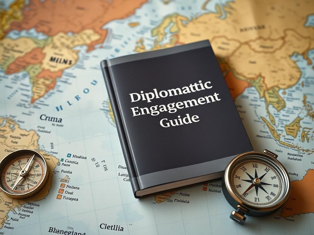 A close-up shot of the Diplomatic Engagement Guide resting on a world map, with a compass nearby. The image should evoke a sense of exploration and discovery, highlighting the guide’s significance in understanding global diplomacy. The map should subtly feature various countries, emphasizing the international focus of the content.
