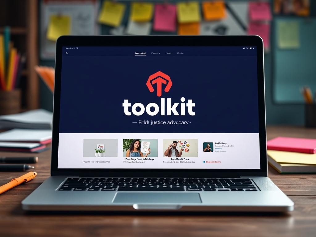 A close-up shot of a modern toolkit designed for justice advocacy, featuring a sleek digital interface on a laptop screen. The background should include a vibrant workspace with colorful notes and stationery, symbolizing creativity and action. The toolkit’s logo should be prominently displayed on the screen.