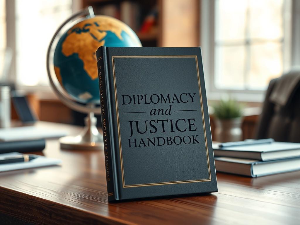 A close-up shot of a beautifully designed handbook titled 'Diplomacy and Justice Handbook', displayed on a wooden table. The background features a blurred image of a globe and a subtle hint of a well-organized desk, emphasizing a professional atmosphere. The book cover should be prominently visible, showcasing elegant typography in a harmonious color scheme.
