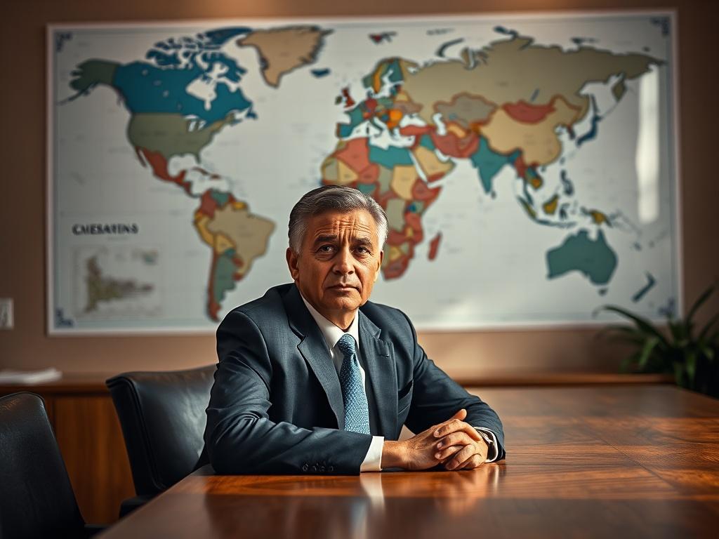 Create a highly realistic, high-resolution image that embodies the concept of "The Role of Diplomacy in Global Justice." The composition should feature a single subject: a thoughtful diplomat in formal attire, ideally a middle-aged individual of diverse descent, sitting at a large wooden table. The diplomat should be depicted with a serious expression, as if deep in contemplation about global justice issues. 

In the background, include subtle elements that suggest an international setting, such as a world 