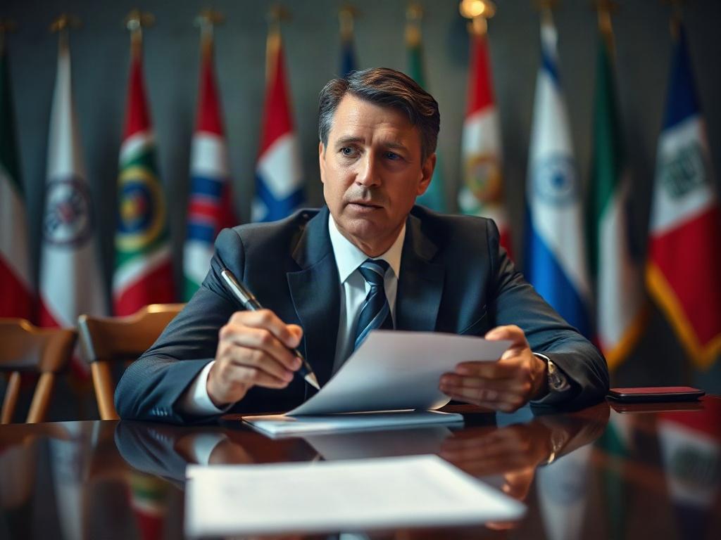 Create a realistic high-resolution close-up photograph to illustrate the blog titled "The Role of Diplomacy in Global Justice." The image should feature a single, confident diplomat seated at a polished wooden table, engaged in conversation during a high-stakes negotiation. The diplomat should be dressed in a tailored navy suit and holding a pen poised over a document, symbolizing the action of crafting agreements for justice.

The background should depict elements of a formal meeting room, with subtle hint