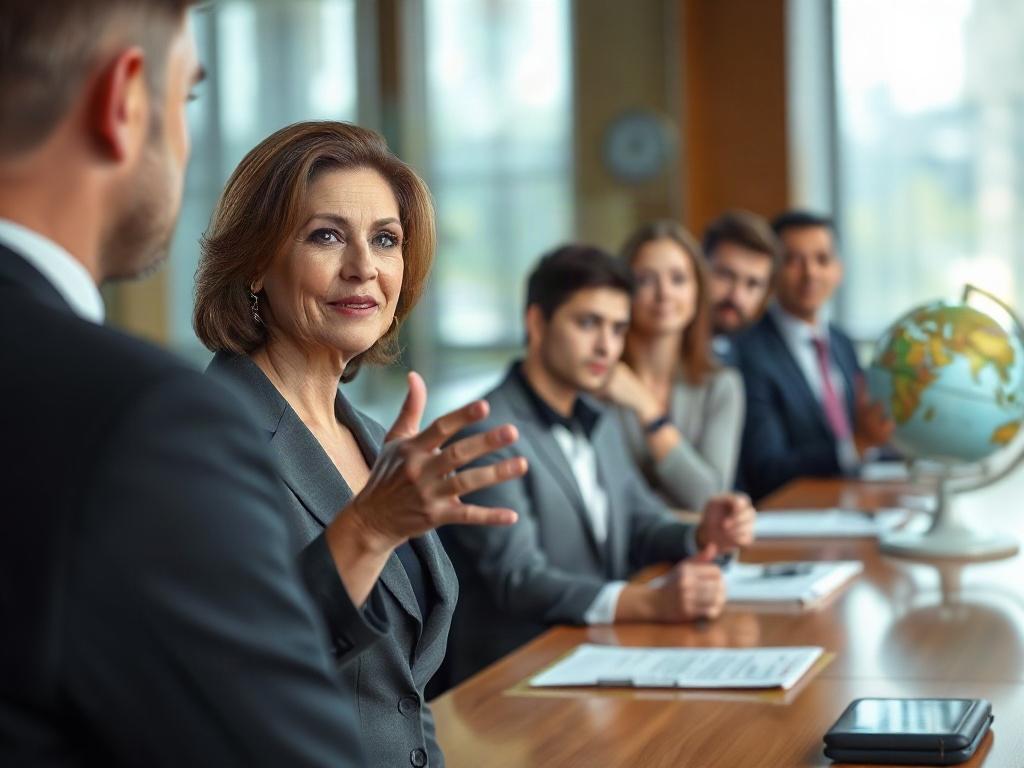 Create a realistic high-resolution photo focused on a single subject: a confident diplomat engaged in conversation with a diverse group of individuals in a modern conference room setting. The diplomat, a middle-aged woman with an attentive expression, is wearing a professional suit, symbolizing authority and expertise in negotiation. 

In the foreground, capture her gesturing expressively, conveying her passion for diplomacy and the resolution of contemporary disputes. Her attentive audience should reflect 
