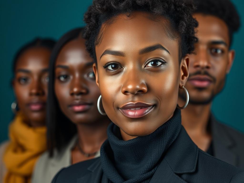 Create a realistic high-resolution photo featuring a single, diverse individual representing one of the founding members of The Alliance for Diplomacy and Justice. The subject should exhibit confidence and poise, dressed in professional attire that reflects a commitment to diplomacy and justice. Use a close-up shot to capture their facial expressions clearly, focusing on their eyes to convey passion and determination. 

Set the background to a subtle gradient of deep teal that complements the primary color 