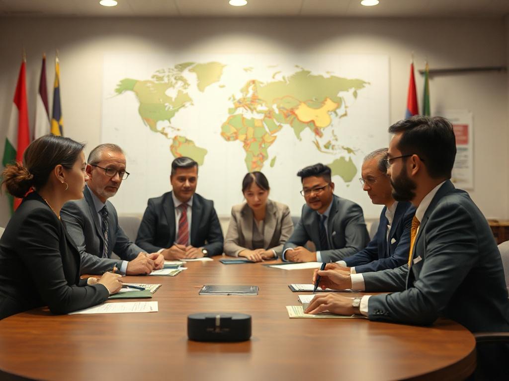 Create a highly realistic, high-resolution photo focusing on a symbolic representation of diplomacy in the context of modern conflict resolution. The composition should be simple and clear, featuring one central subject: a diverse group of diplomats engaged in a serious, focused discussion around a round table. Their expressions should convey determination and collaboration, showcasing the importance of dialogue in resolving conflicts. 

The background should be subtly blurred to keep the attention on the d