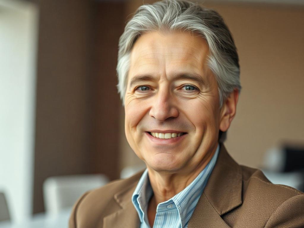 Create a realistic high-resolution photo of an individual representing one of the founding members of The Alliance for Diplomacy and Justice. The subject should be a middle-aged person, exuding confidence and warmth, with a genuine, friendly smile. They should be positioned centrally in the frame, with a clean and simple background that subtly suggests an atmosphere of diplomacy and justice—such as a softly blurred office setting or an elegant, neutral-toned environment.

The subject's attire should be prof