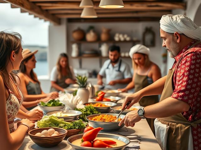 A captivating high-resolution image of a cultural immersion experience in Santorini, showcasing a group of tourists engaged in a traditional cooking class. The scene should feature local ingredients, a warm atmosphere, and the instructor demonstrating a Greek dish.