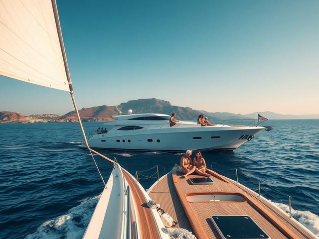 A stunning high-resolution image of a private yacht sailing in the Aegean Sea near Santorini, with a clear blue sky and the famous caldera in the background. The yacht should be depicted with passengers enjoying the sun on the deck, surrounded by crystal-clear waters.