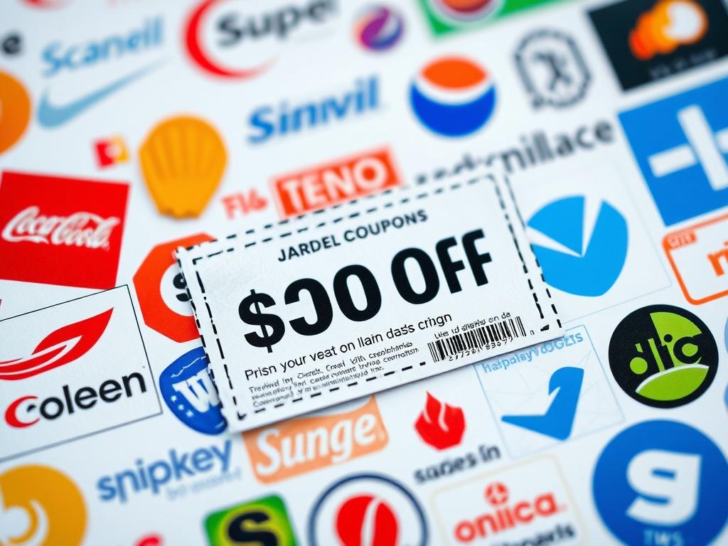 A visually appealing close-up shot of a discount coupon surrounded by various branded vendor logos. The image should have a clean background, highlighting the coupon prominently. The colors should align with rgba(19, 83, 243, 1), making it vibrant and eye-catching. The focus should be sharp, captured with a 45mm f/1.2 lens, ensuring details on the coupon are clear and legible.